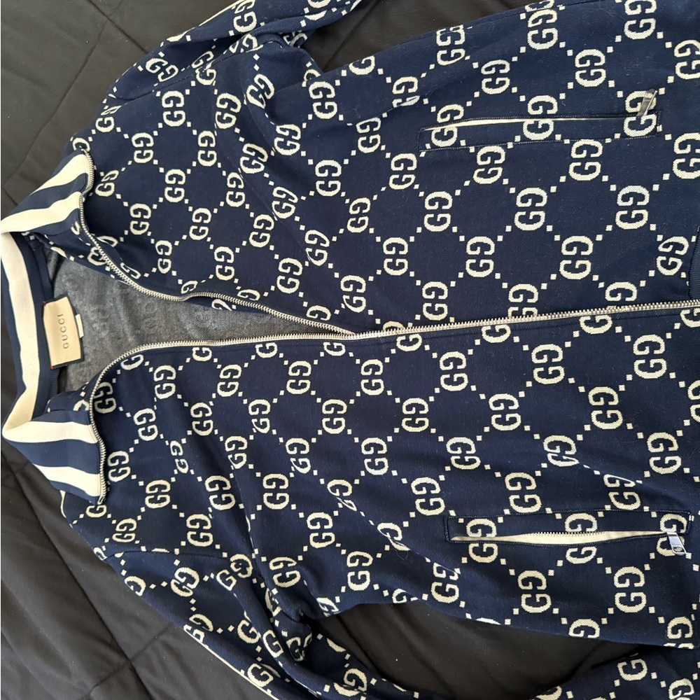 Gucci Blue Monogram Jacket with Red and White Stripes - Picture 3 of 4